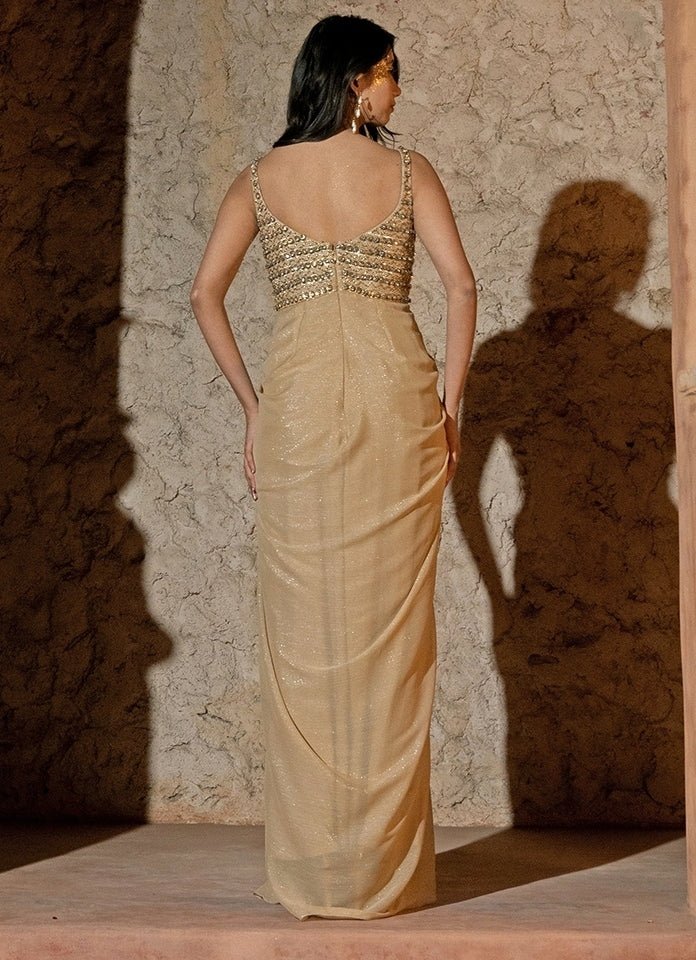 Beige Gold Organza Drape Gown Silky Bindra - Fabilicious Fashion