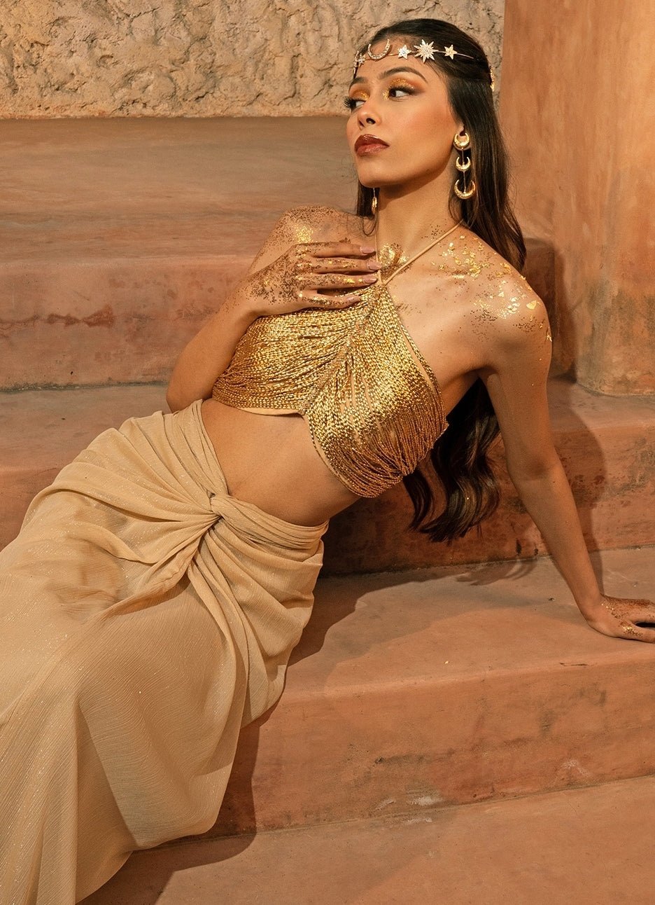 Beige Gold Organza Drape Skirt Set Silky Bindra - Fabilicious Fashion