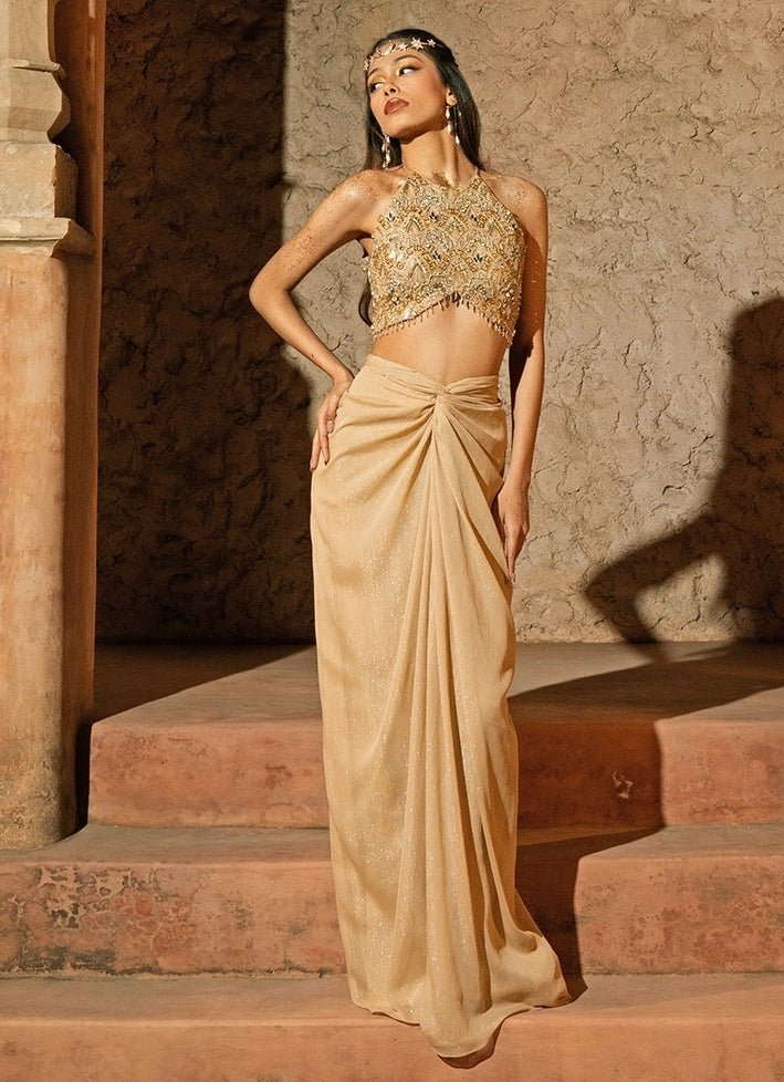 Beige Gold Organza Drape Skirt Set Silky Bindra - Fabilicious Fashion