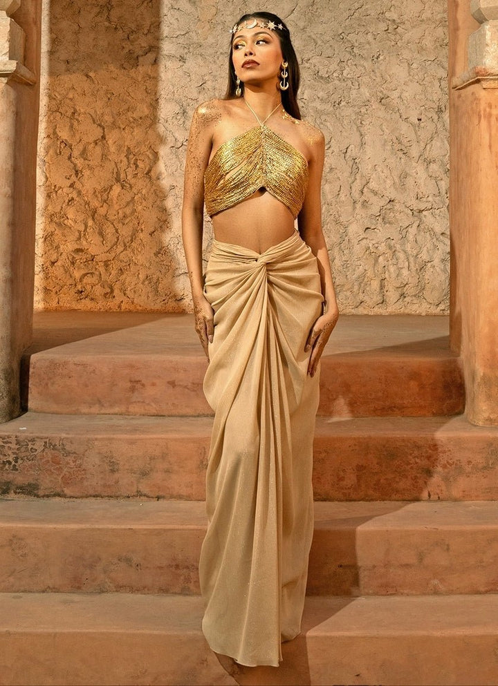 Beige Gold Organza Drape Skirt Set Silky Bindra - Fabilicious Fashion
