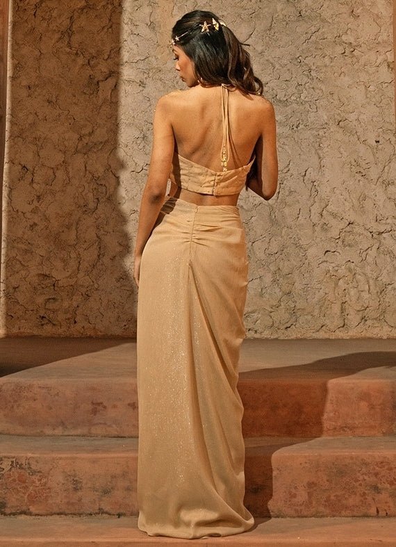 Beige Gold Organza Drape Skirt Set Silky Bindra - Fabilicious Fashion