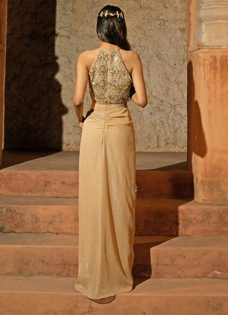 Beige Gold Organza Drape Skirt Set Silky Bindra - Fabilicious Fashion