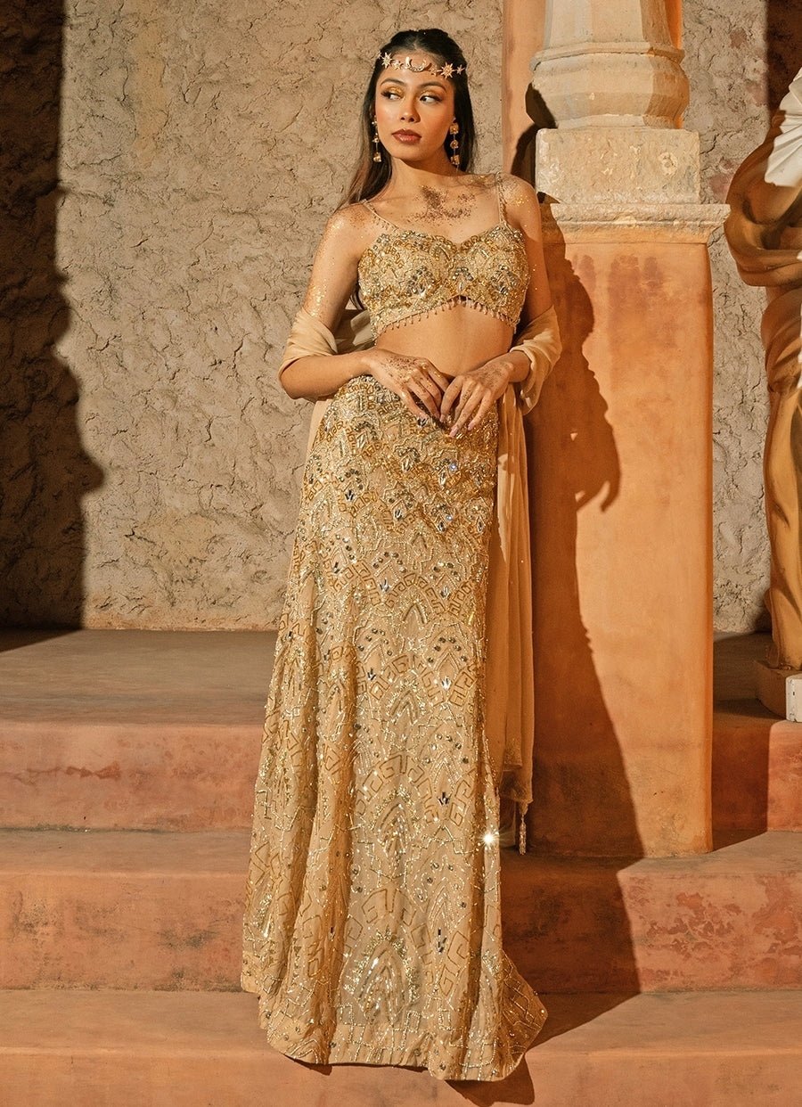 Beige Gold Organza Lehenga Set Silky Bindra - Fabilicious Fashion