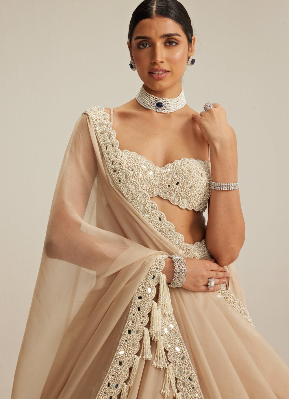 Beige Gold Organza Lehenga Set Vvani by Vani Vats - Fabilicious Fashion