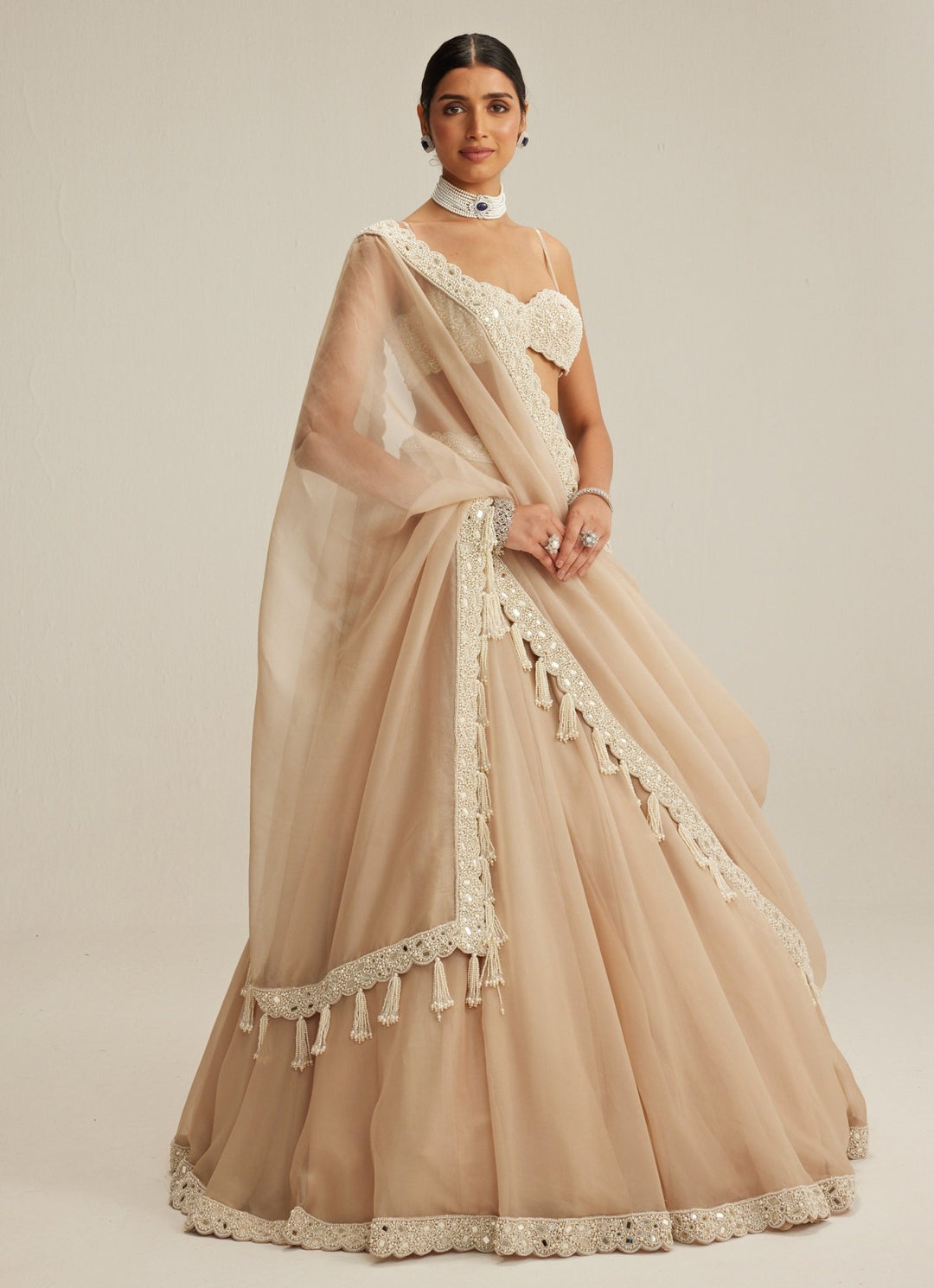 Beige Gold Organza Lehenga Set Vvani by Vani Vats - Fabilicious Fashion