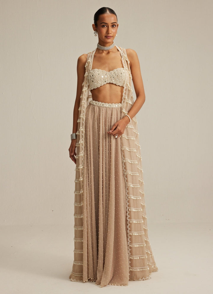 Beige Gold Pearl And Mirror Embroidered Jacket Lehenga Set Vvani by Vani Vats - Fabilicious Fashion