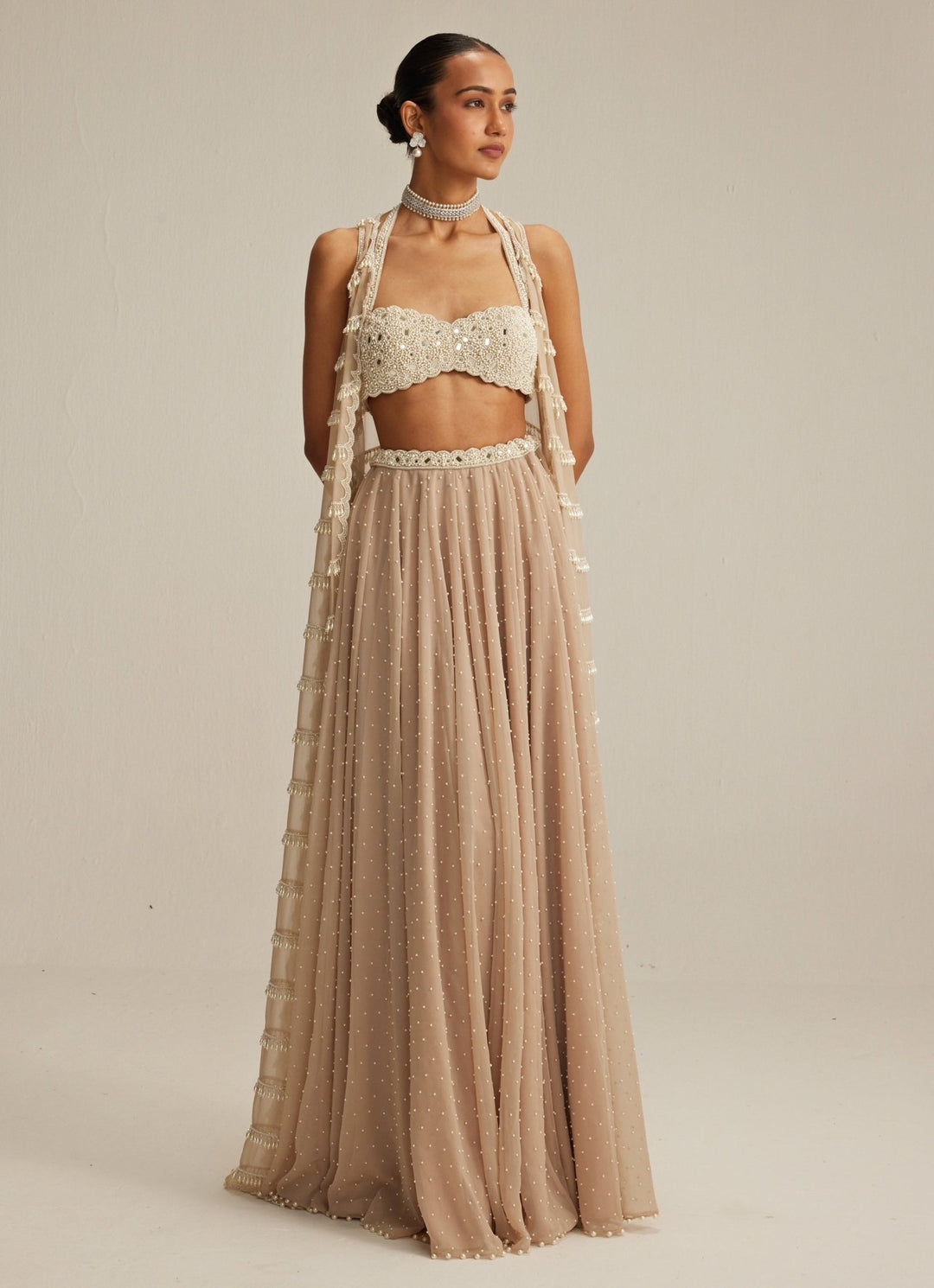 Beige Gold Pearl And Mirror Embroidered Jacket Lehenga Set Vvani by Vani Vats - Fabilicious Fashion