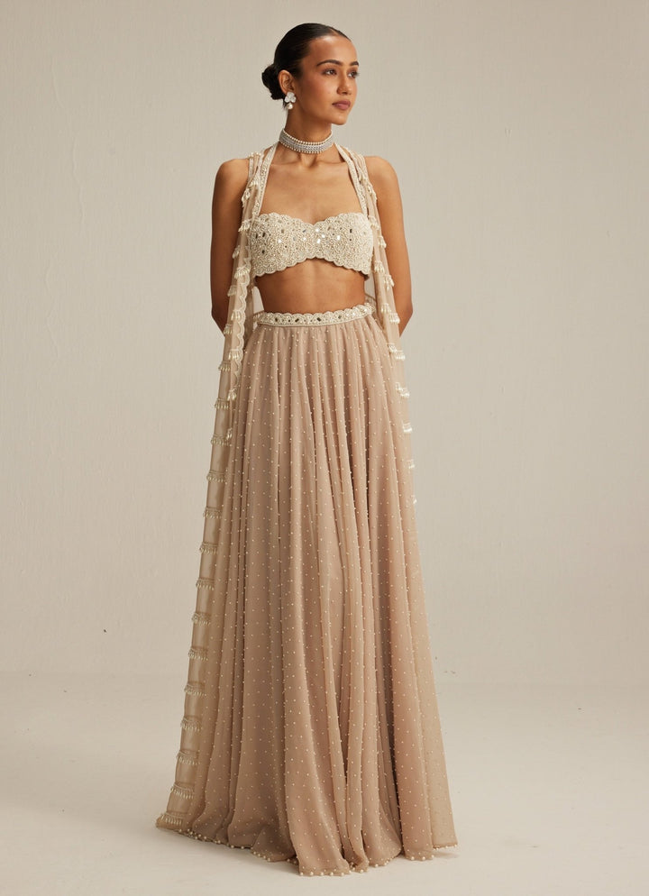 Beige Gold Pearl And Mirror Embroidered Jacket Lehenga Set Vvani by Vani Vats - Fabilicious Fashion