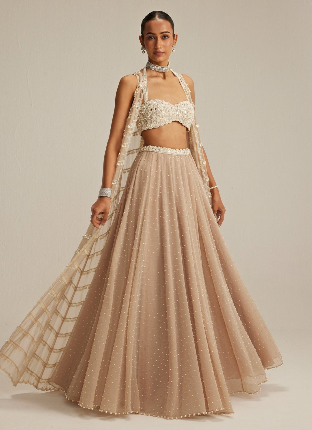 Beige Gold Pearl And Mirror Embroidered Jacket Lehenga Set Vvani by Vani Vats - Fabilicious Fashion