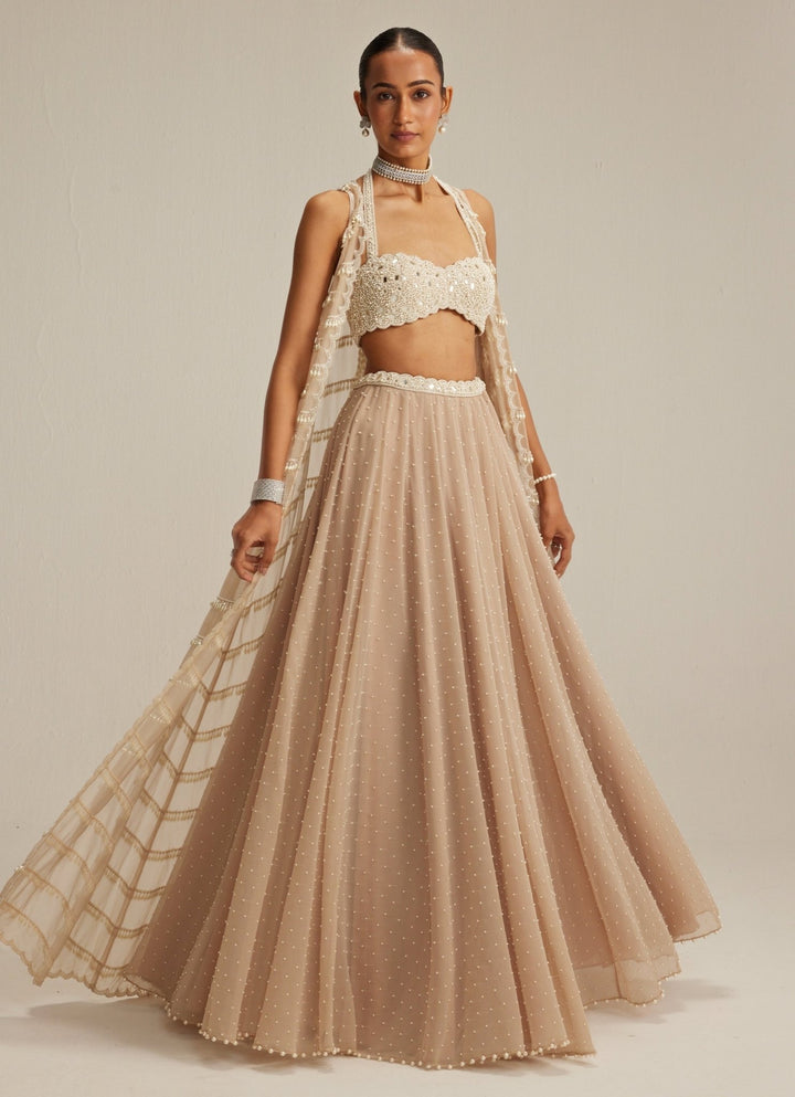 Beige Gold Pearl And Mirror Embroidered Jacket Lehenga Set Vvani by Vani Vats - Fabilicious Fashion