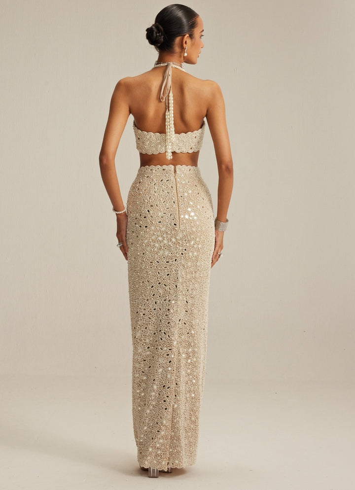 Beige Gold Pearl Embroidered Pencil Skirt Set Vvani by Vani Vats - Fabilicious Fashion