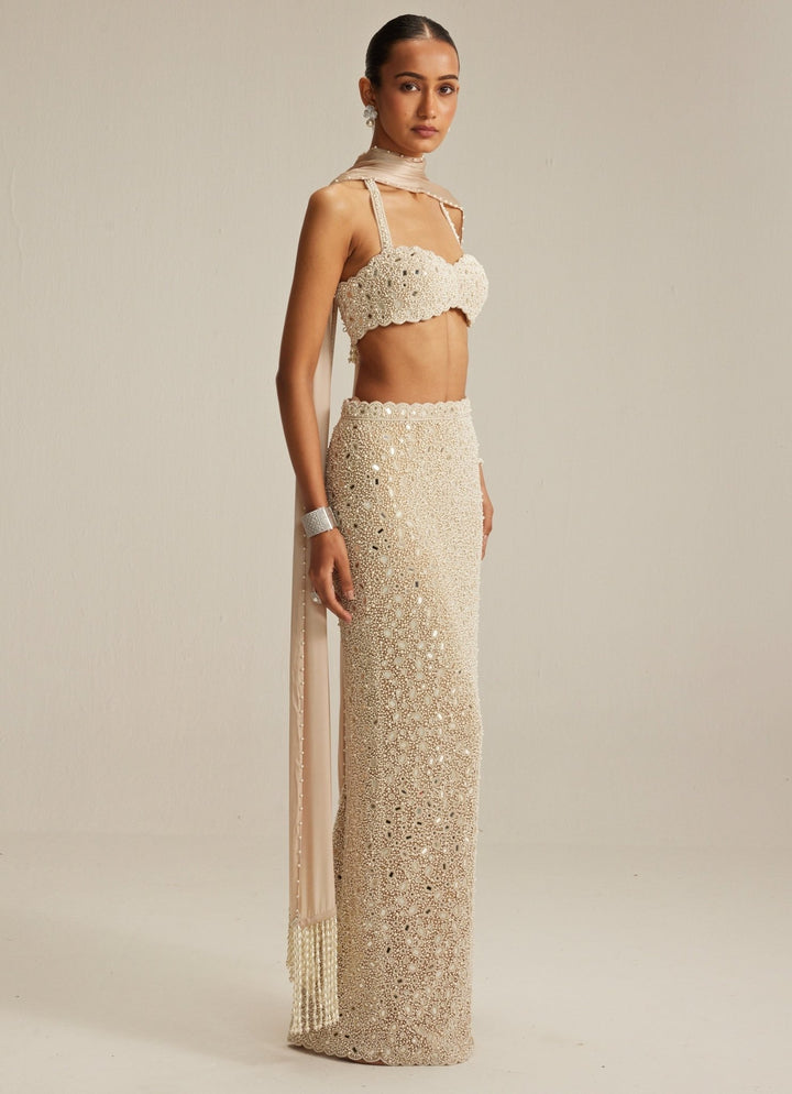 Beige Gold Pearl Embroidered Pencil Skirt Set Vvani by Vani Vats - Fabilicious Fashion