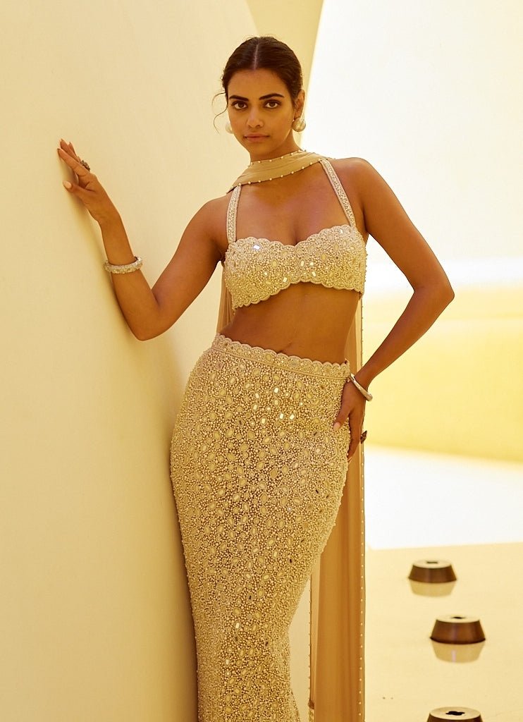 Beige Gold Pearl Embroidered Pencil Skirt Set Vvani by Vani Vats - Fabilicious Fashion