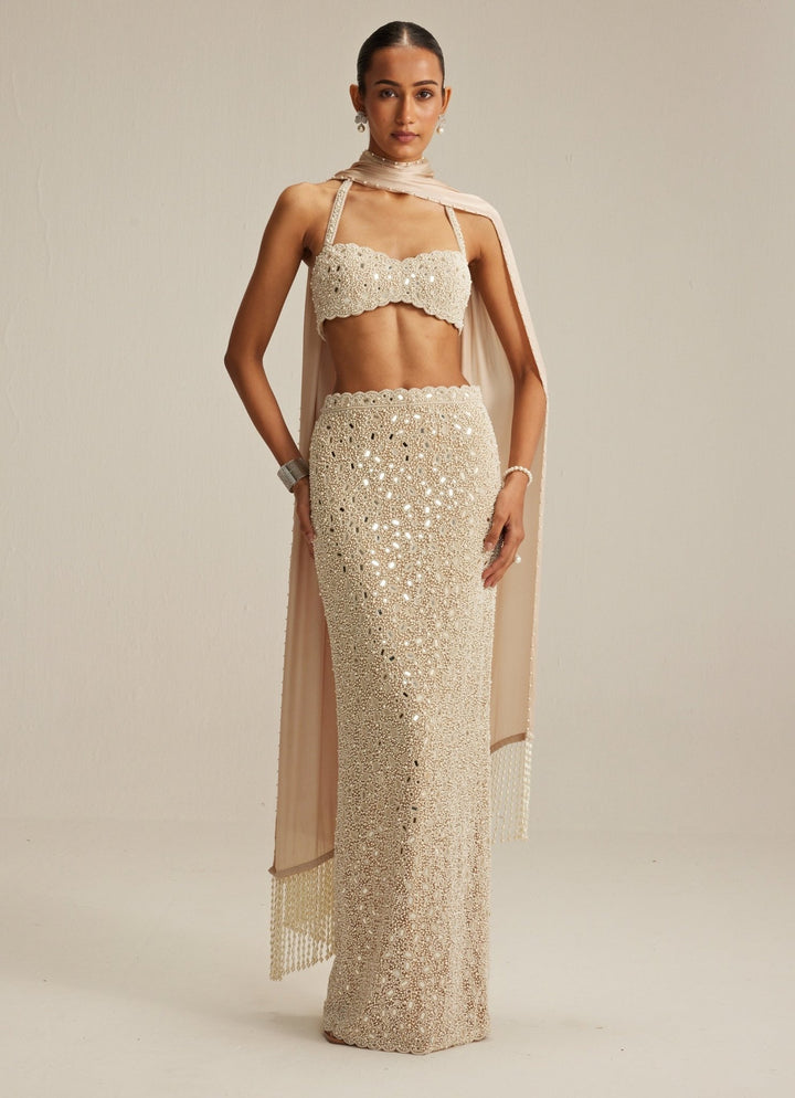 Beige Gold Pearl Embroidered Pencil Skirt Set Vvani by Vani Vats - Fabilicious Fashion