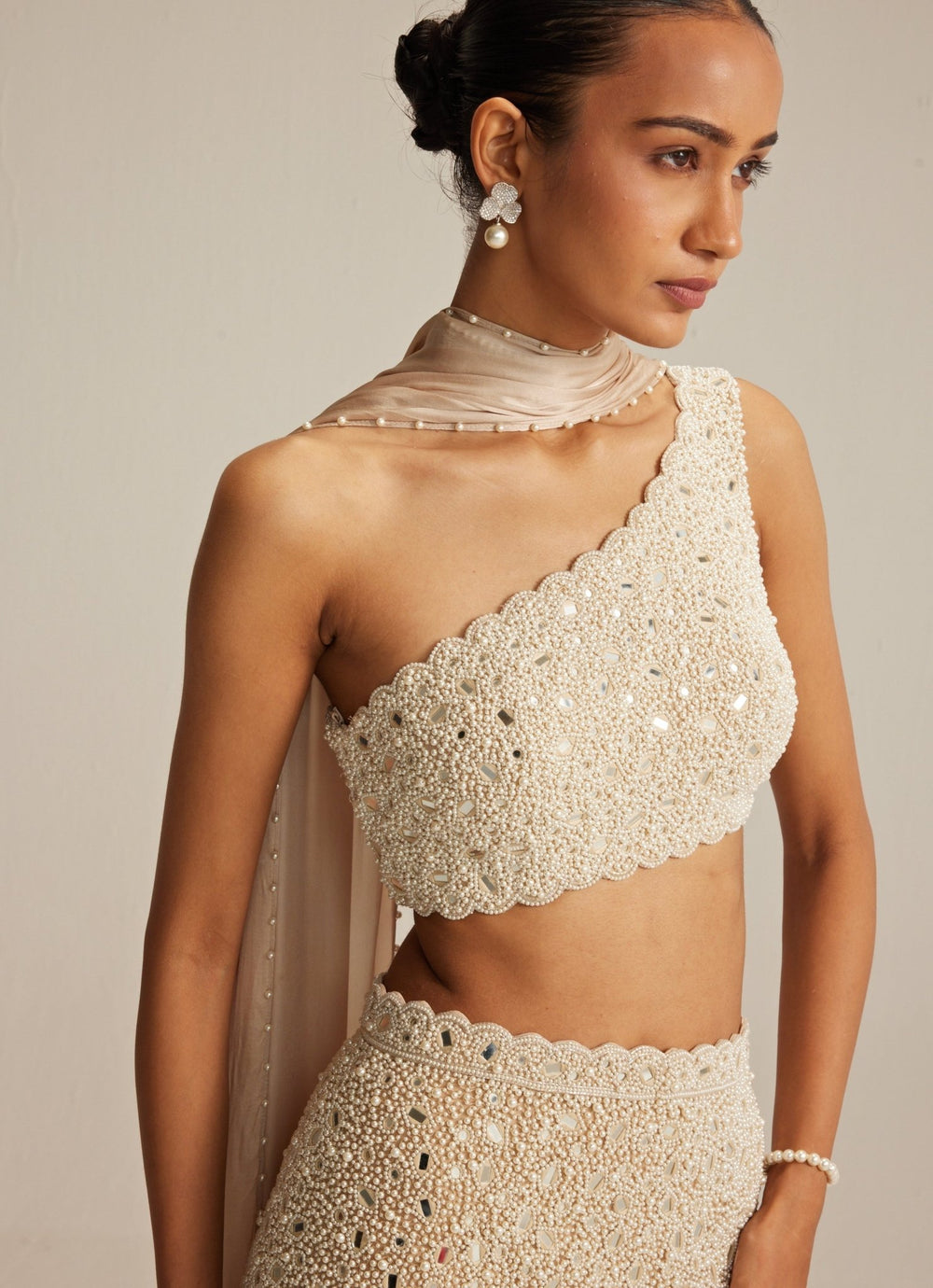 Beige Gold Pencil Skirt With One Shoulder Blouse And Stole Vvani by Vani Vats - Fabilicious Fashion