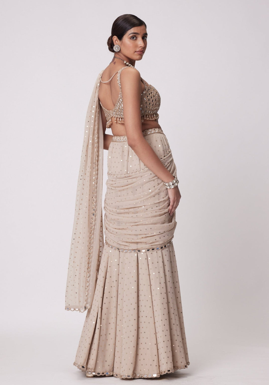Beige Gold Pre Draped Saree With Embroidered Mirror Blouse Vvani by Vani Vats - Fabilicious Fashion