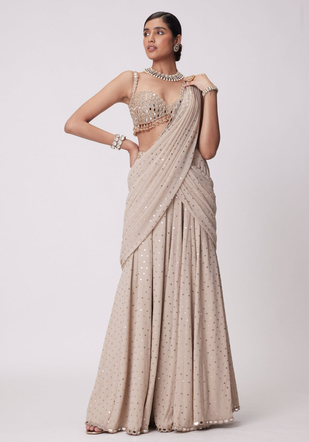 Beige Gold Pre Draped Saree With Embroidered Mirror Blouse Vvani by Vani Vats - Fabilicious Fashion