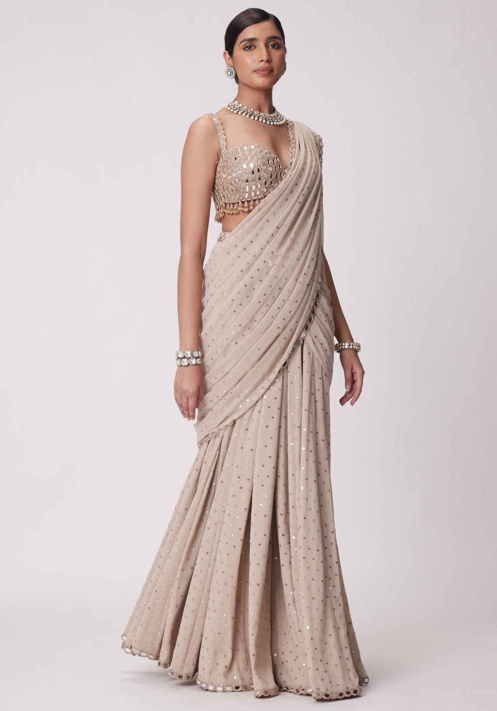 Beige Gold Pre Draped Saree With Embroidered Mirror Blouse Vvani by Vani Vats - Fabilicious Fashion