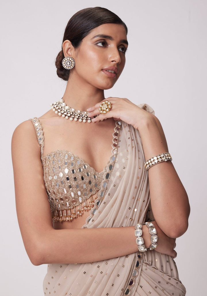 Beige Gold Pre Draped Saree With Embroidered Mirror Blouse Vvani by Vani Vats - Fabilicious Fashion
