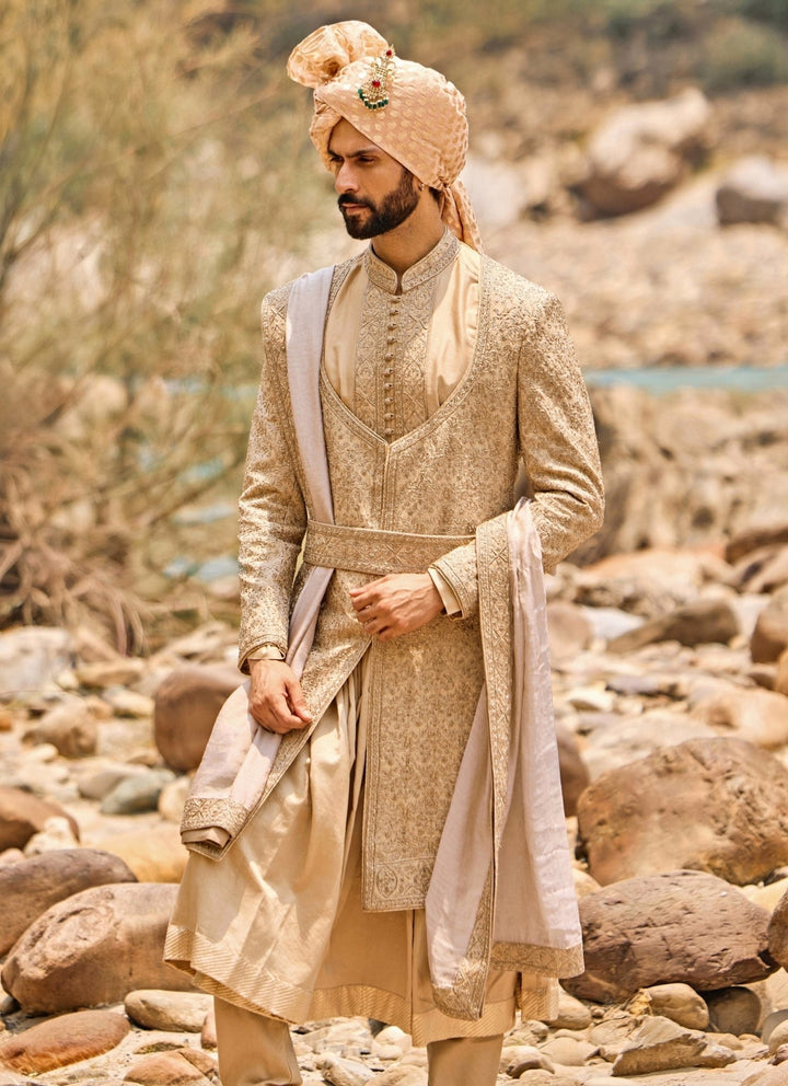 Nitika Gujral - Men Beige Gold Raw Silk Angrakha Sherwani SetFabilicious Fashion