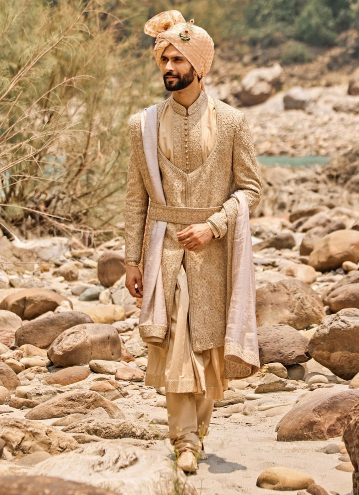 Nitika Gujral - Men Beige Gold Raw Silk Angrakha Sherwani SetFabilicious Fashion