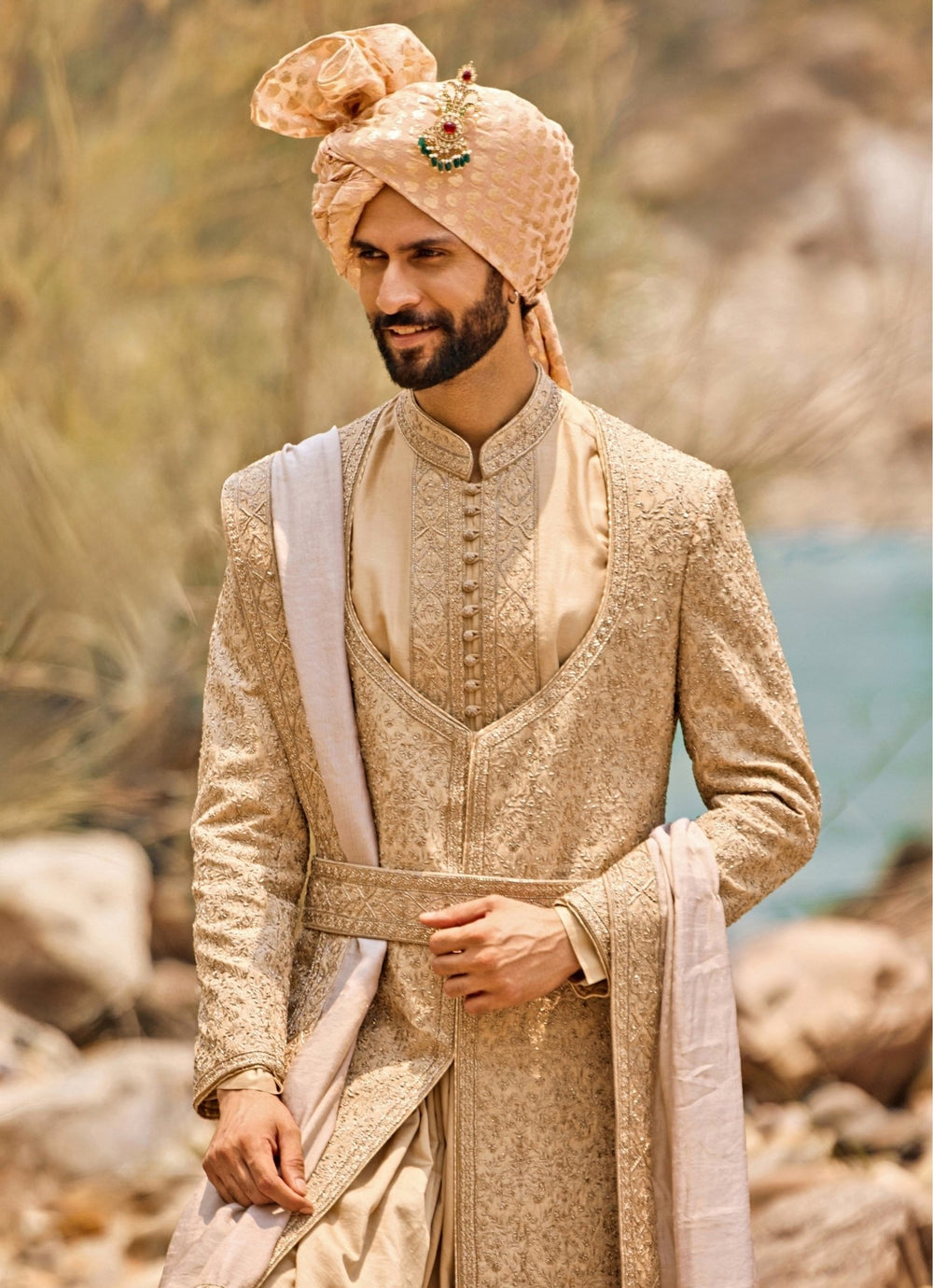 Nitika Gujral - Men Beige Gold Raw Silk Angrakha Sherwani SetFabilicious Fashion