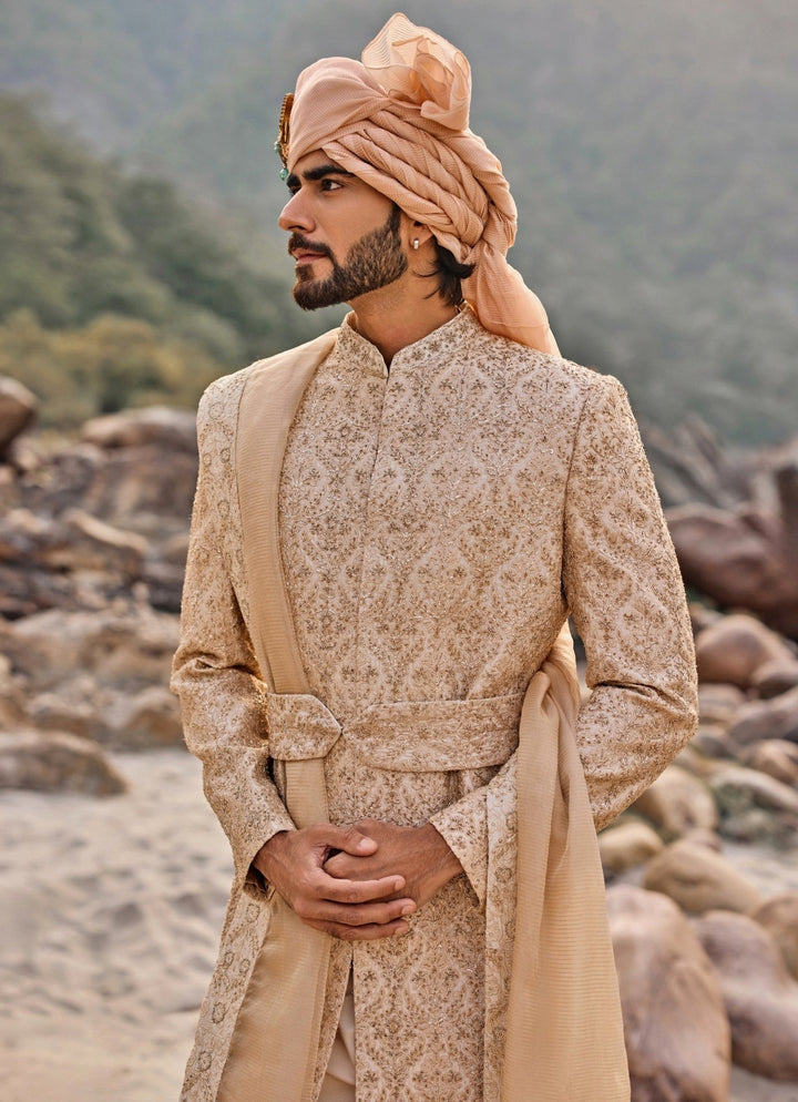 Nitika Gujral - Men Beige Gold Raw Silk Sherwani SetFabilicious Fashion