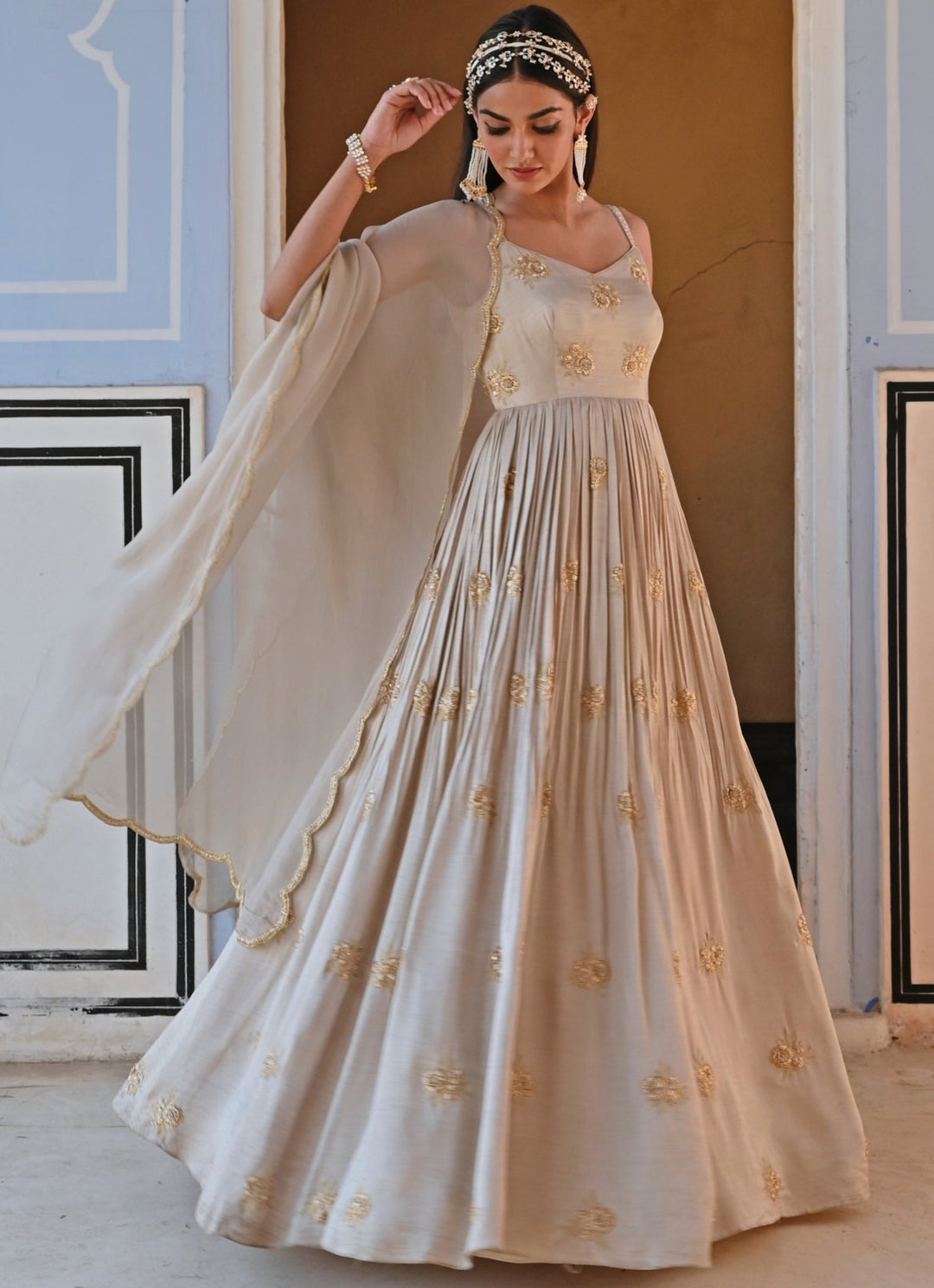Beige Gold Satin Embroidered Floor - Length Anarkali With Dupatta Ease - Fabilicious Fashion