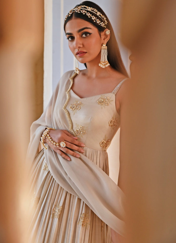 Beige Gold Satin Embroidered Floor - Length Anarkali With Dupatta Ease - Fabilicious Fashion
