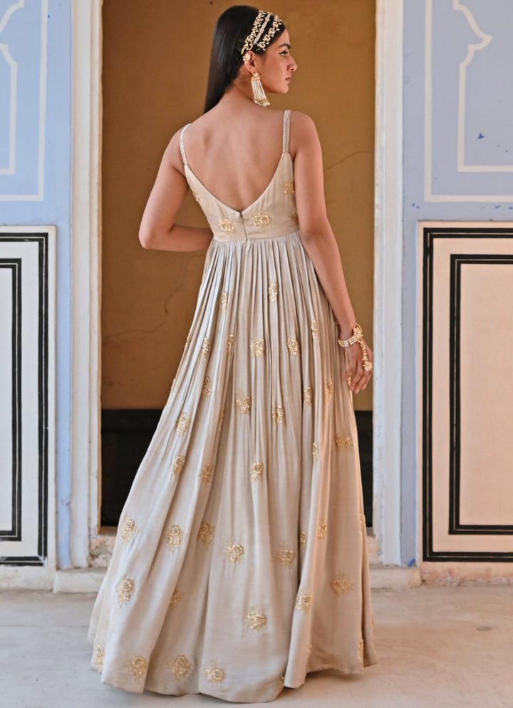 Beige Gold Satin Embroidered Floor - Length Anarkali With Dupatta Ease - Fabilicious Fashion