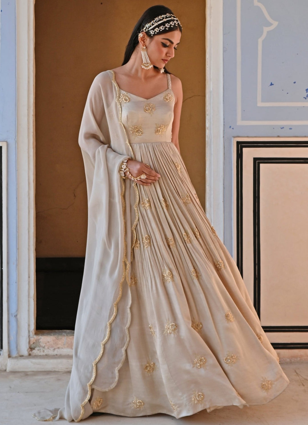 Beige Gold Satin Embroidered Floor - Length Anarkali With Dupatta Ease - Fabilicious Fashion