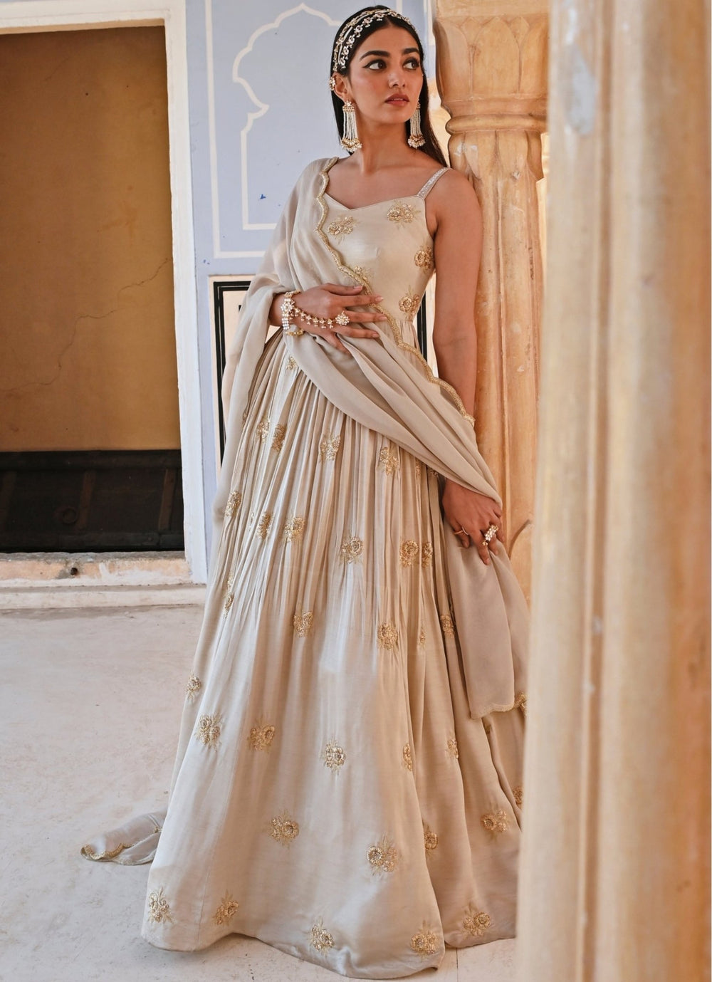 Beige Gold Satin Embroidered Floor - Length Anarkali With Dupatta Ease - Fabilicious Fashion