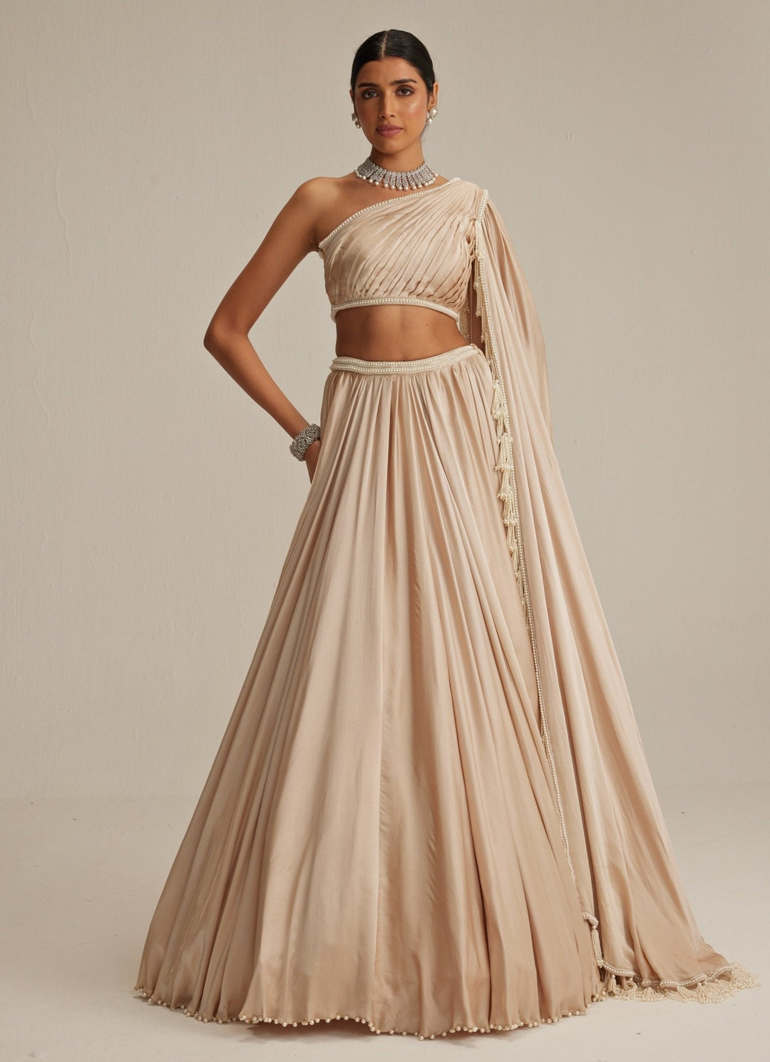 Beige Gold Satin Lehenga With Draped One Shoulder Trail Vvani by Vani Vats - Fabilicious Fashion