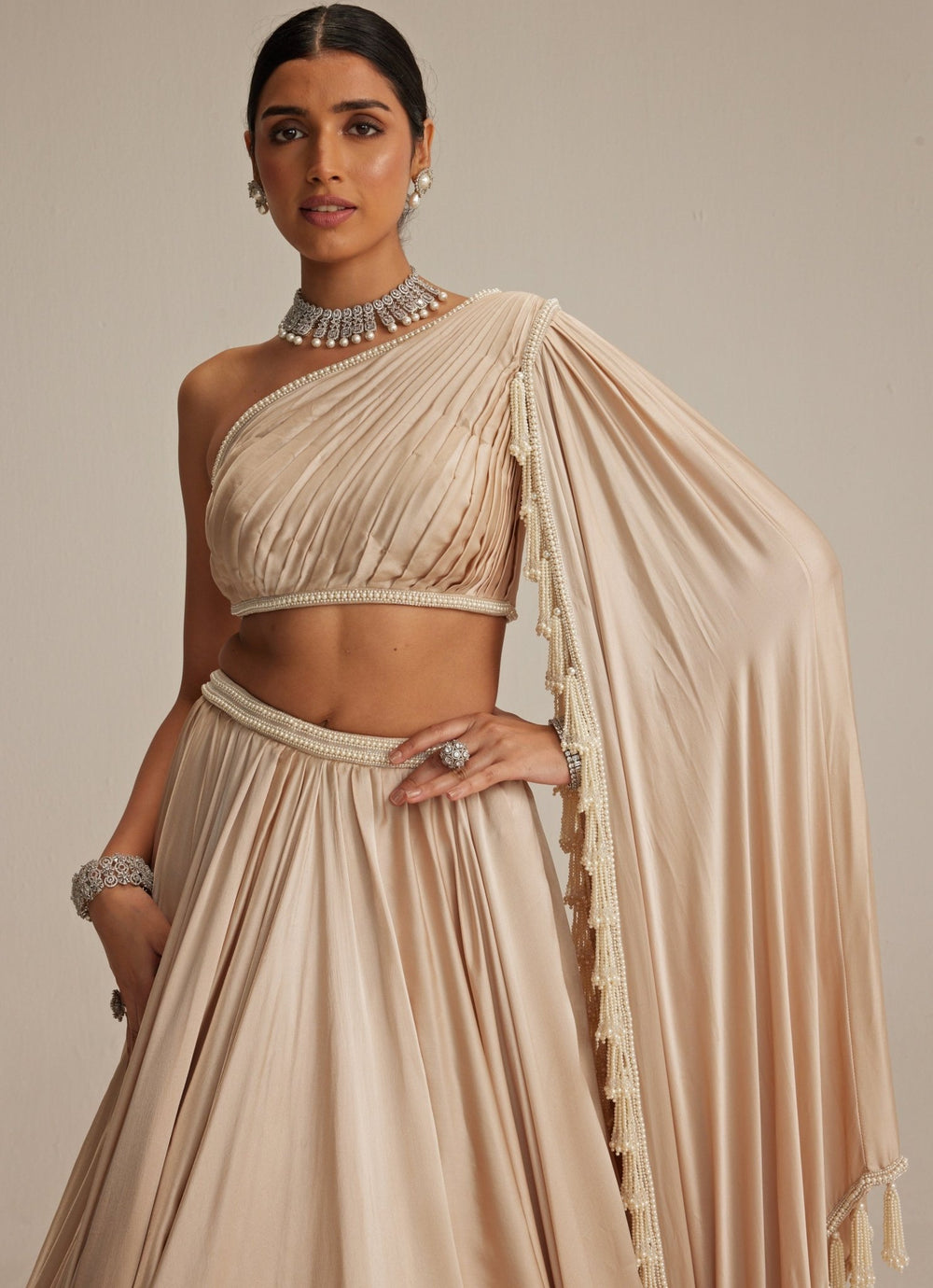 Beige Gold Satin Lehenga With Draped One Shoulder Trail Vvani by Vani Vats - Fabilicious Fashion