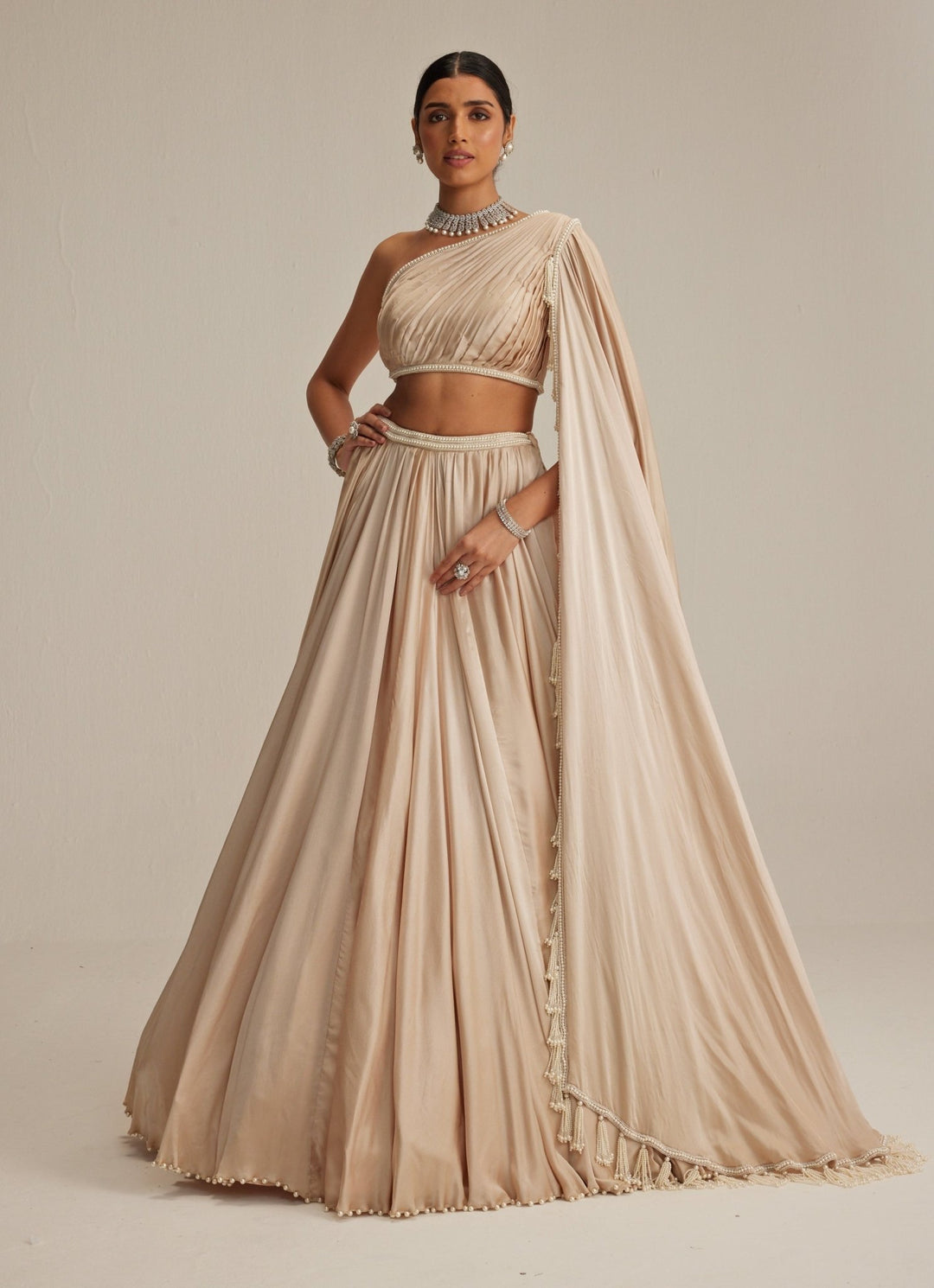 Beige Gold Satin Lehenga With Draped One Shoulder Trail Vvani by Vani Vats - Fabilicious Fashion