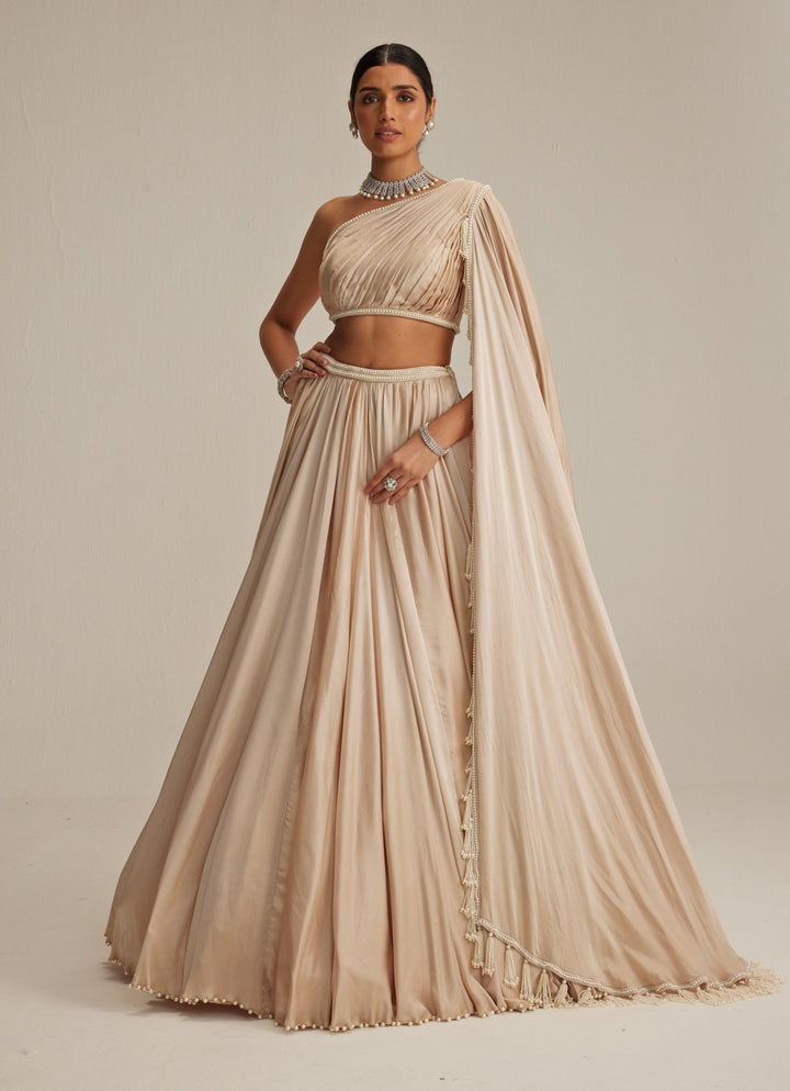Beige Gold Satin Lehenga With Draped One Shoulder Trail Vvani by Vani Vats - Fabilicious Fashion