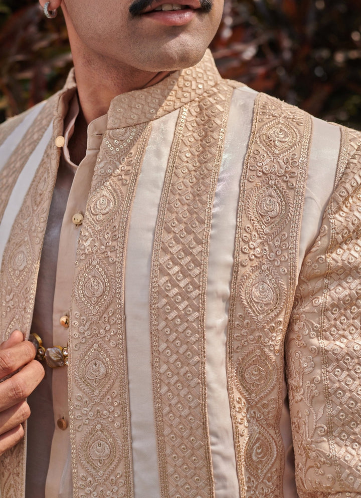 Beige Gold Satin Open Jacket Set Jigar and Nikita - Fabilicious Fashion