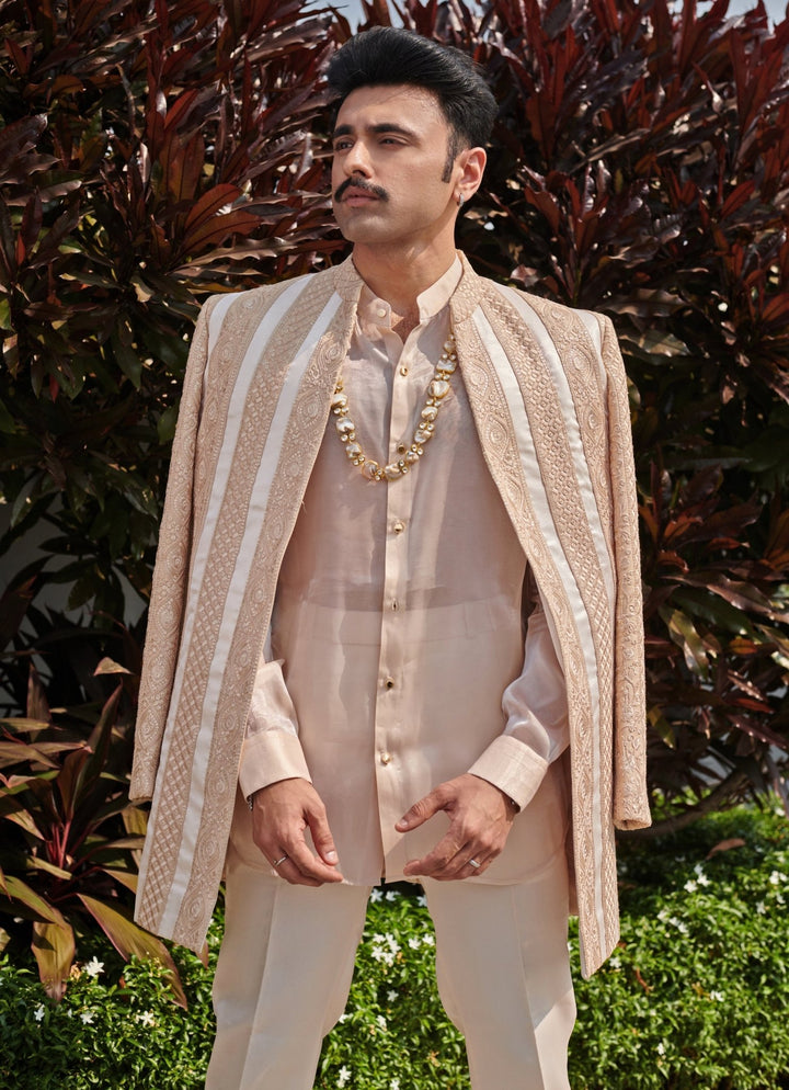 Beige Gold Satin Open Jacket Set Jigar and Nikita - Fabilicious Fashion