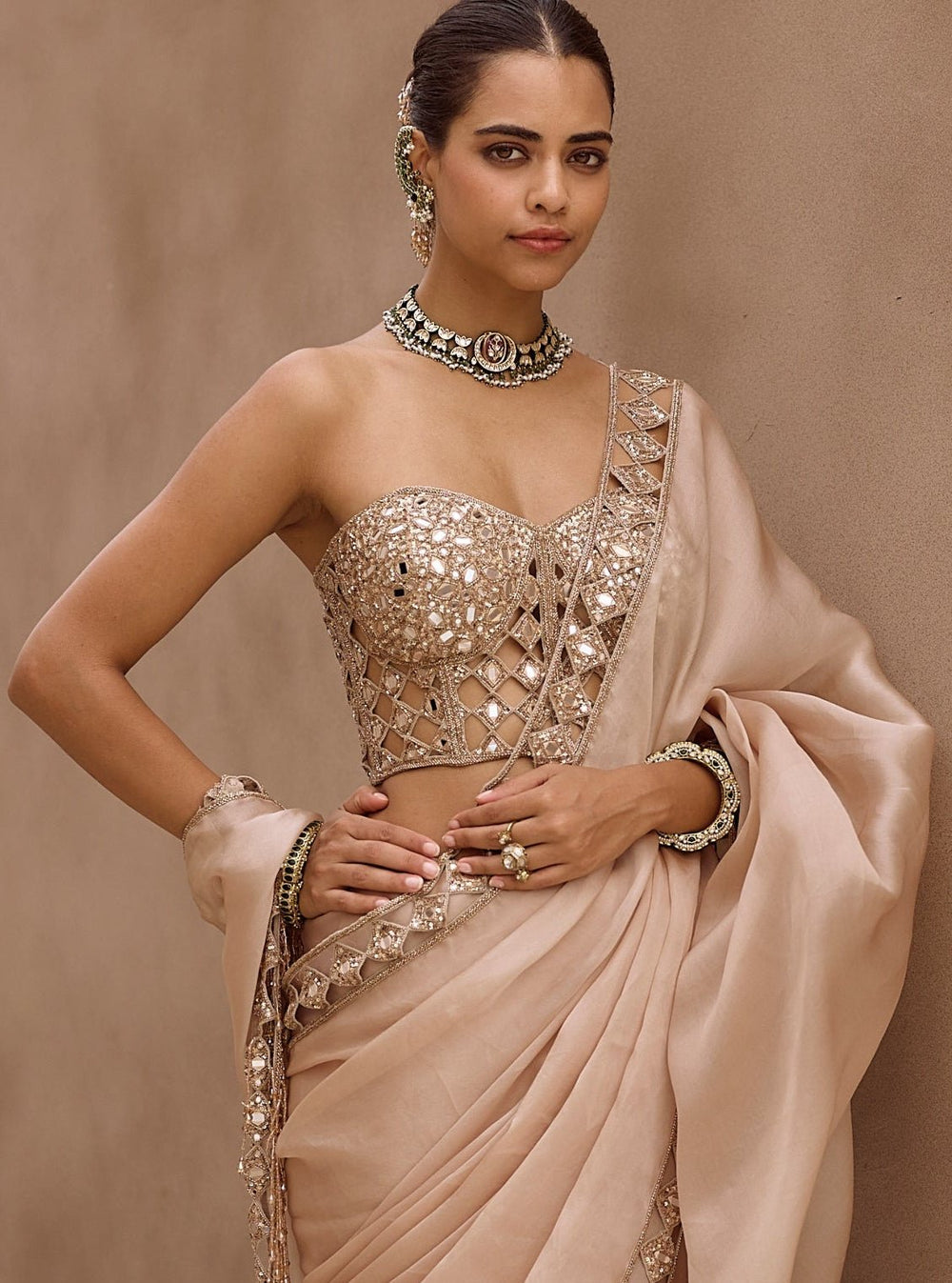 Vvani by Vani Vats Beige Gold Satin Organza Saree With Corset BlouseFabilicious Fashion