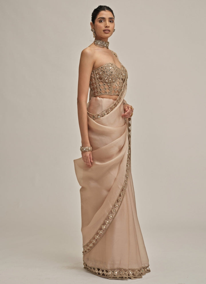 Vvani by Vani Vats Beige Gold Satin Organza Saree With Corset BlouseFabilicious Fashion
