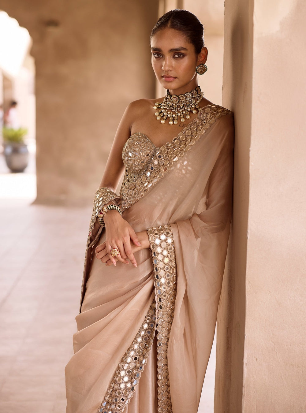 Vvani by Vani Vats Beige Gold Satin Organza Saree With CorsetFabilicious Fashion
