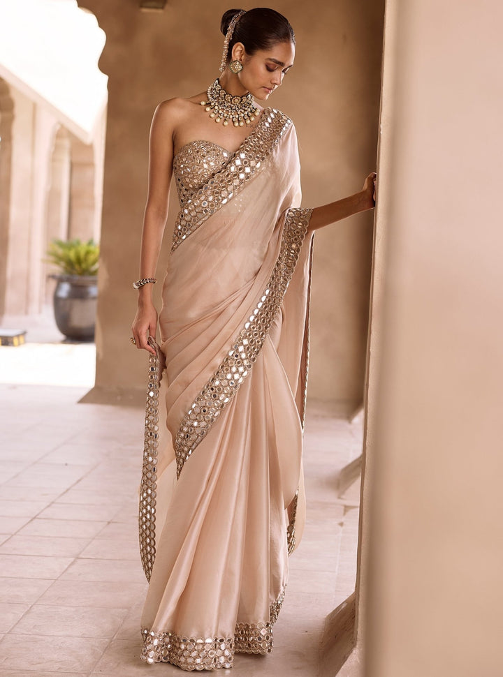 Vvani by Vani Vats Beige Gold Satin Organza Saree With CorsetFabilicious Fashion