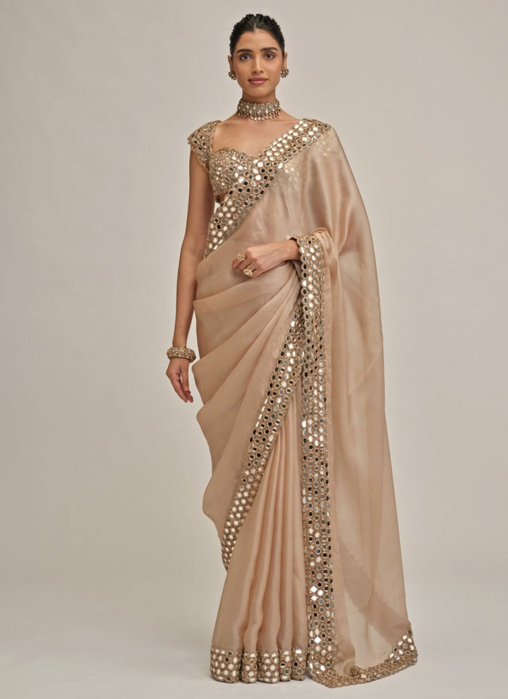 Vvani by Vani Vats Beige Gold Satin Organza SareeFabilicious Fashion