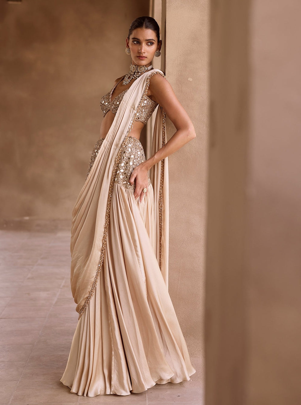 Vvani by Vani Vats Beige Gold Satin Pre-Draped SareeFabilicious Fashion