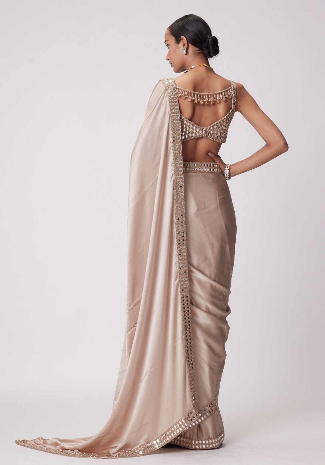Beige Gold Satin Saree With Embroidered Mirror Blouse Vvani by Vani Vats - Fabilicious Fashion