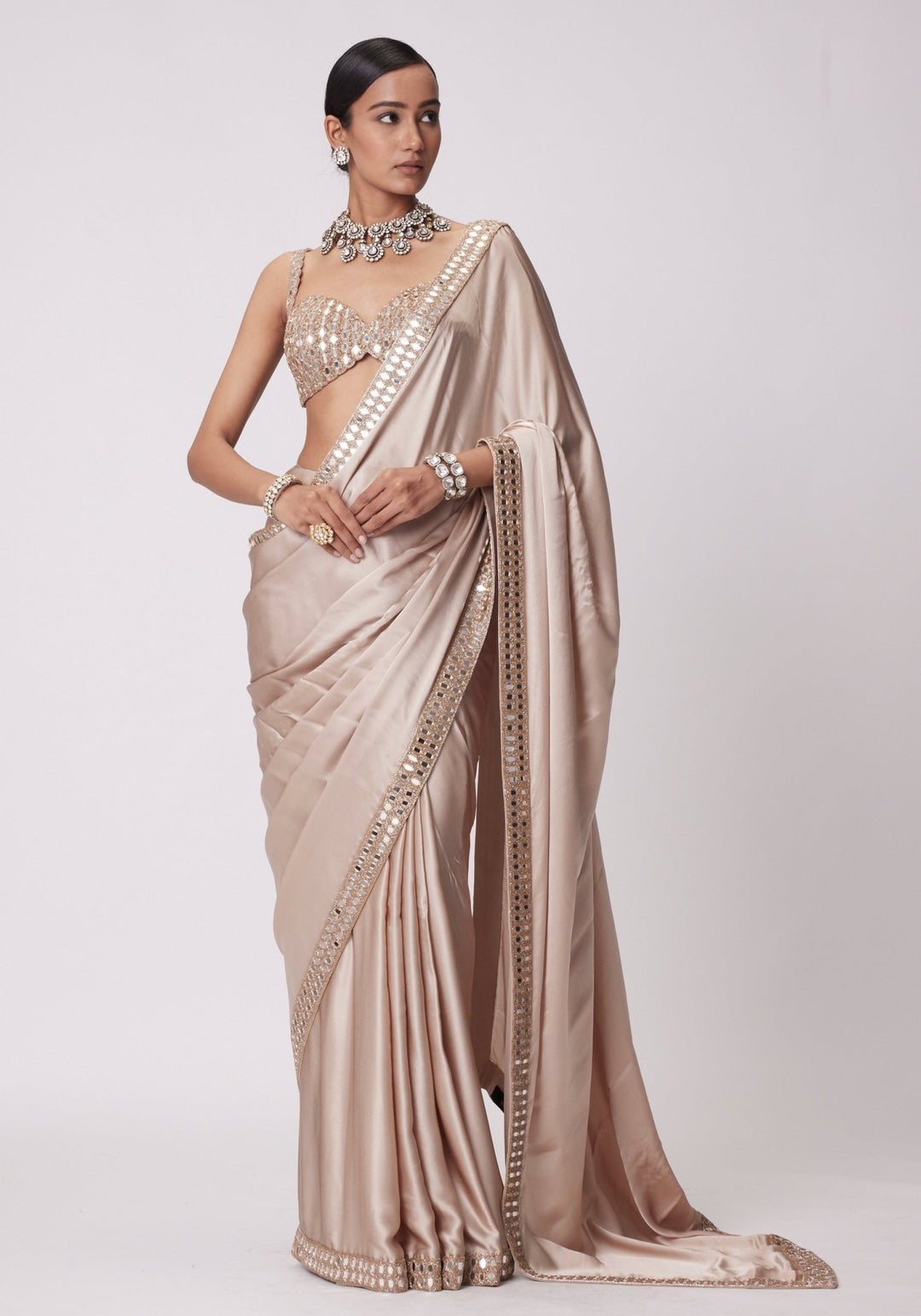 Beige Gold Satin Saree With Embroidered Mirror Blouse Vvani by Vani Vats - Fabilicious Fashion
