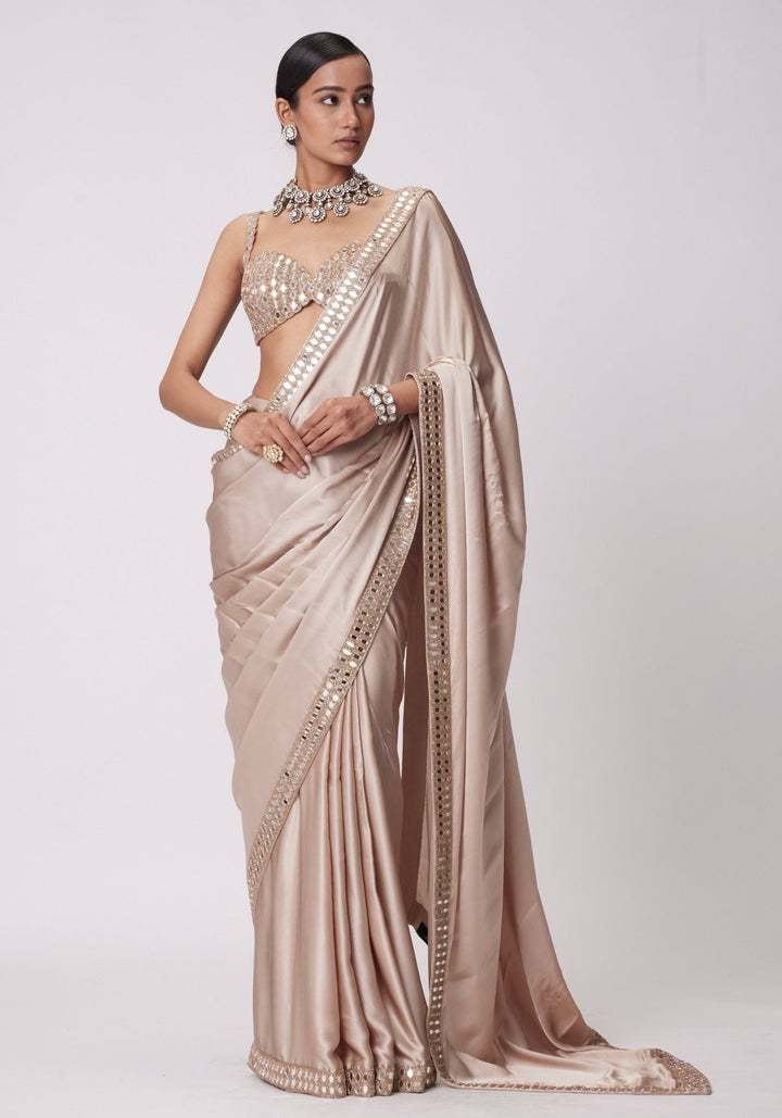 Beige Gold Satin Saree With Embroidered Mirror Blouse Vvani by Vani Vats - Fabilicious Fashion