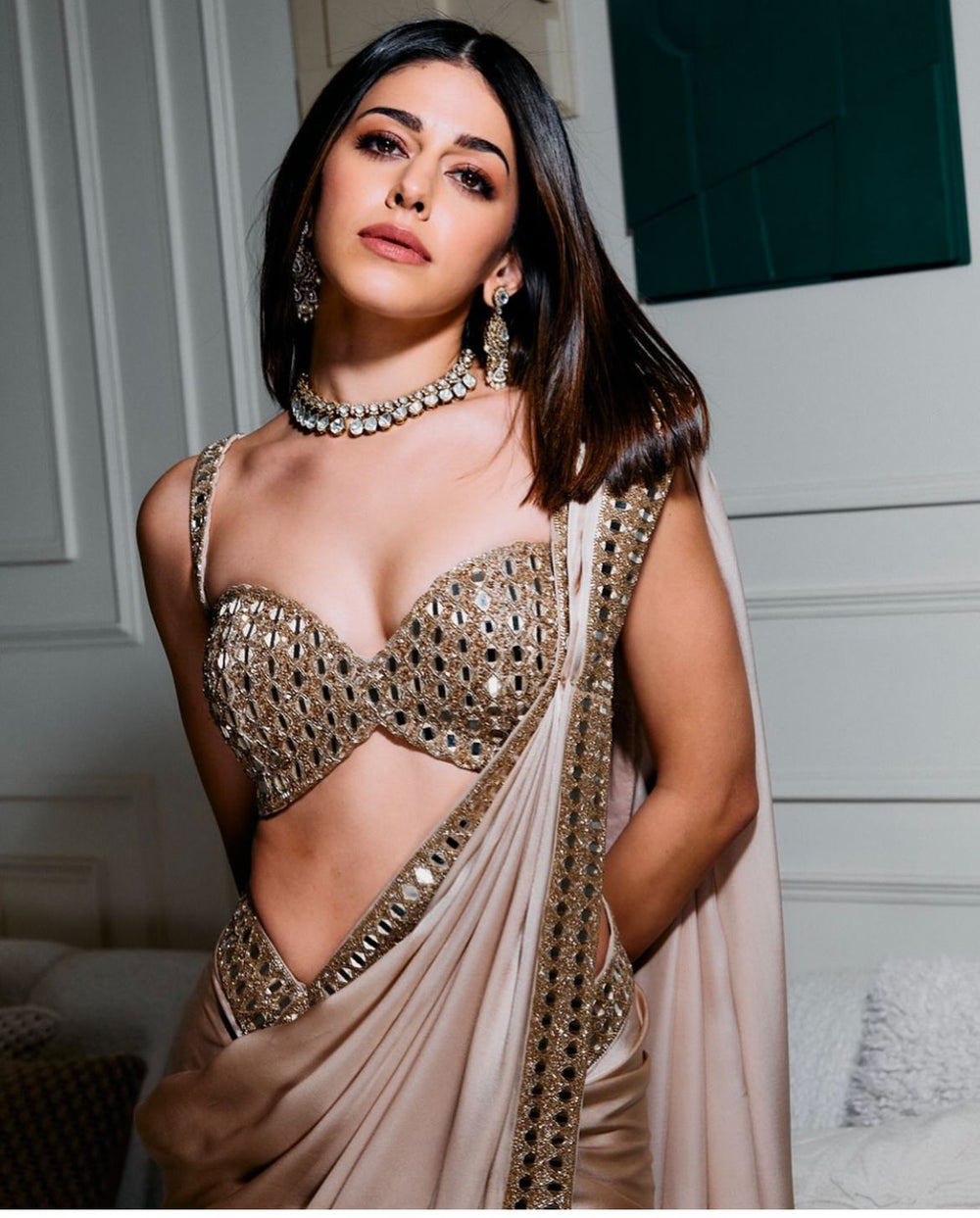 Beige Gold Satin Saree With Embroidered Mirror Blouse Vvani by Vani Vats - Fabilicious Fashion