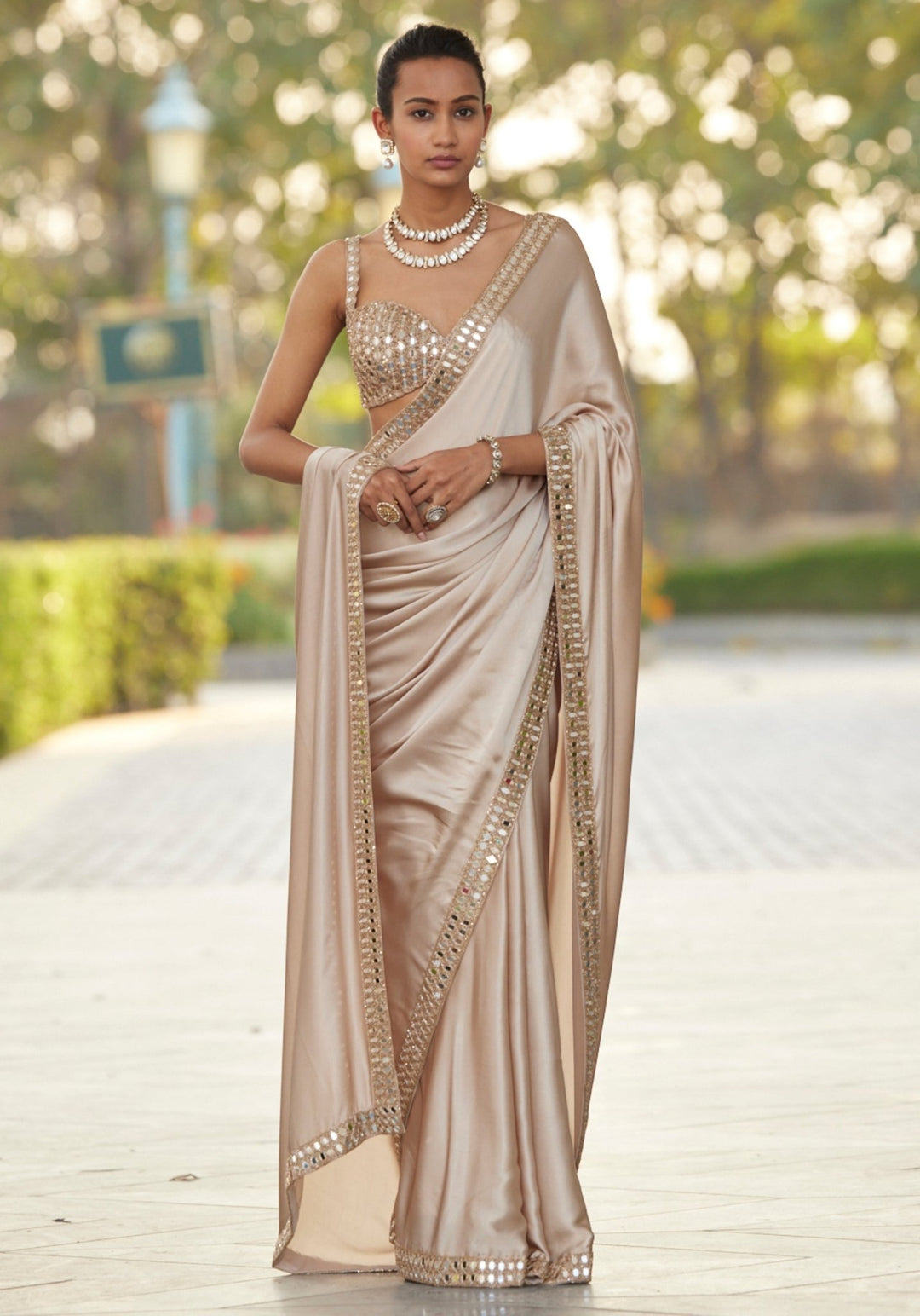 Beige Gold Satin Saree With Embroidered Mirror Blouse Vvani by Vani Vats - Fabilicious Fashion