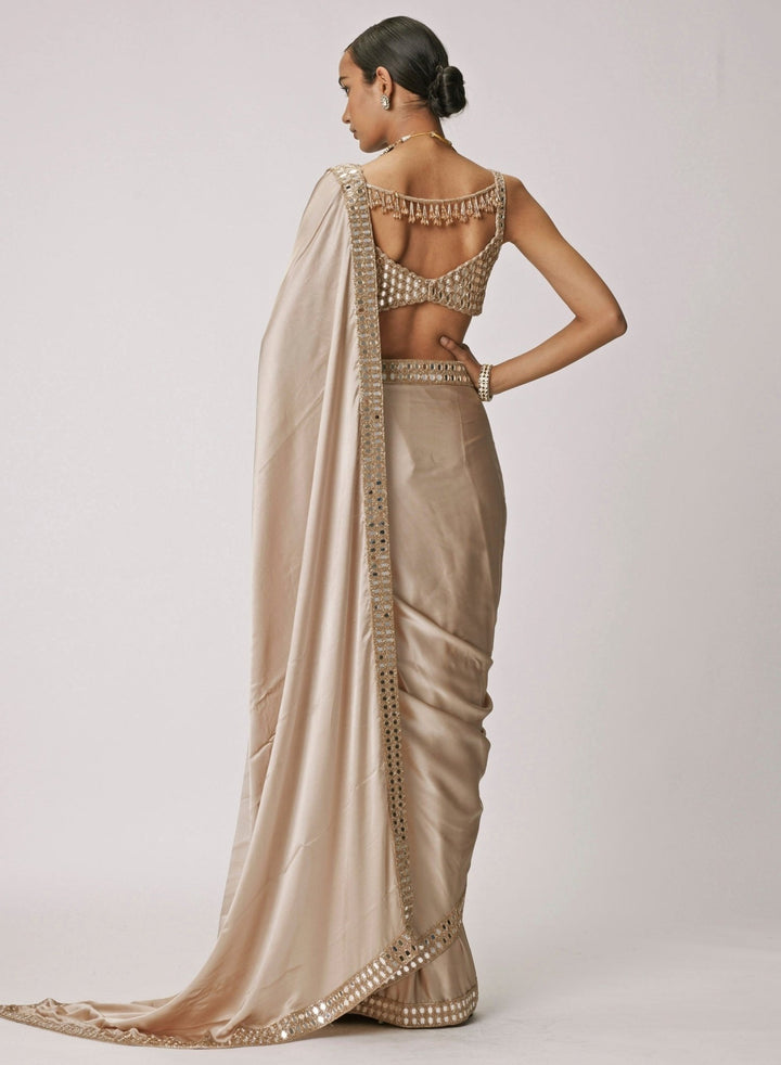 Vvani by Vani Vats Beige Gold Satin Saree With Embroidered Mirror BlouseFabilicious Fashion